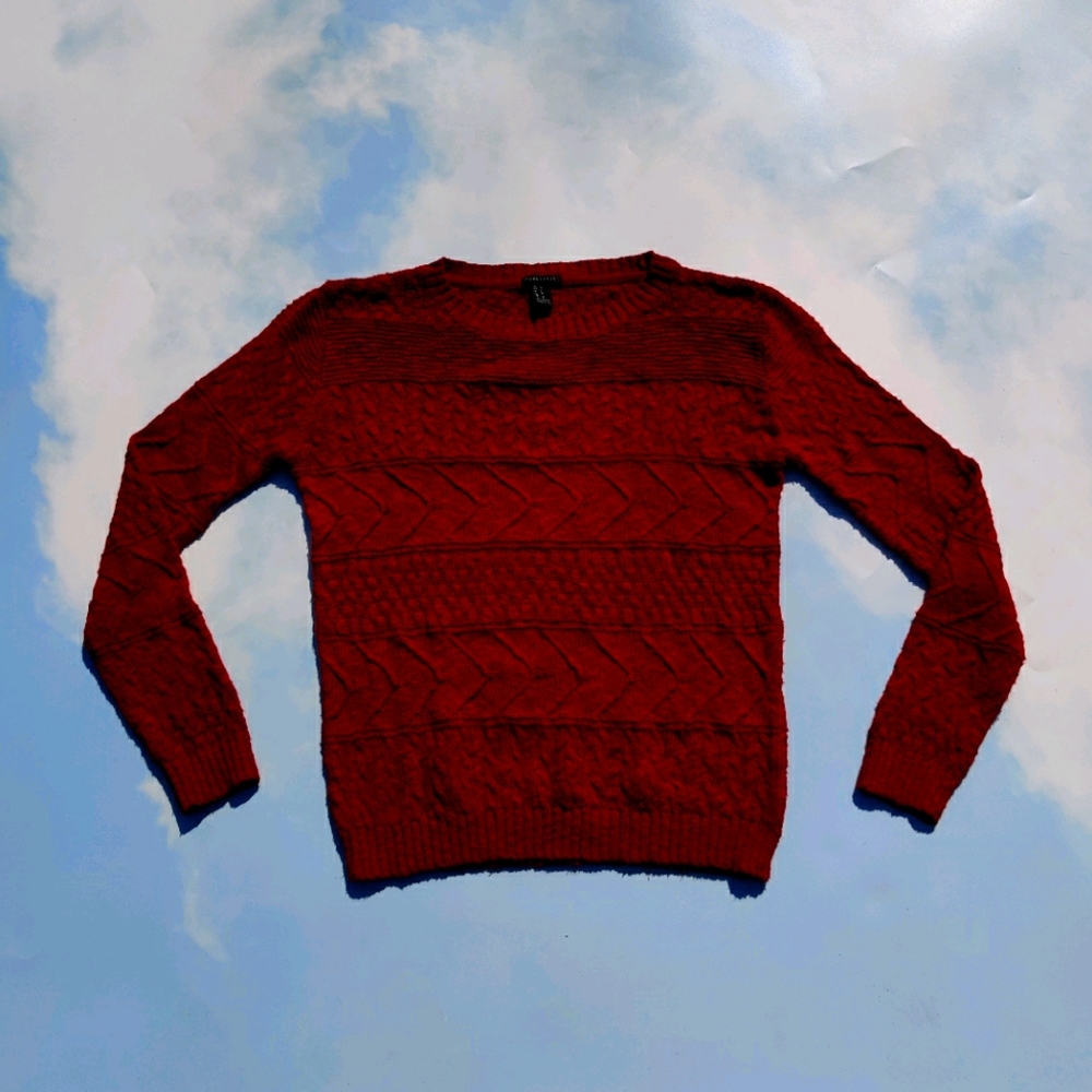 Red Sweater with Cool Pattern Texture Fisherman Knit Sweater Cable Knit Sweater